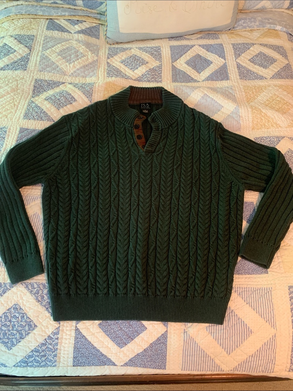 Jos. A. Bank Dark Green Cable Knit Quarter-Button Sweater